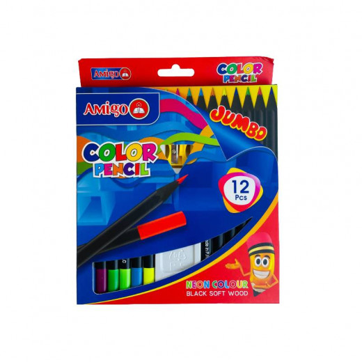 Amigo Jumbo Neon Color Pencil With Sharpener, 12 Pieces