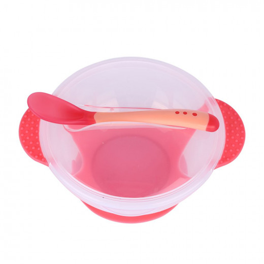 وعاء لتغذية الأطفال مزود بملعقة استشعار مقاومة للانزلاق, باللون الزهري