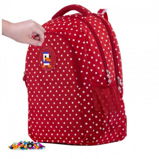 Pixie Crew Student Backpack Red Fabric With White Polka Dots