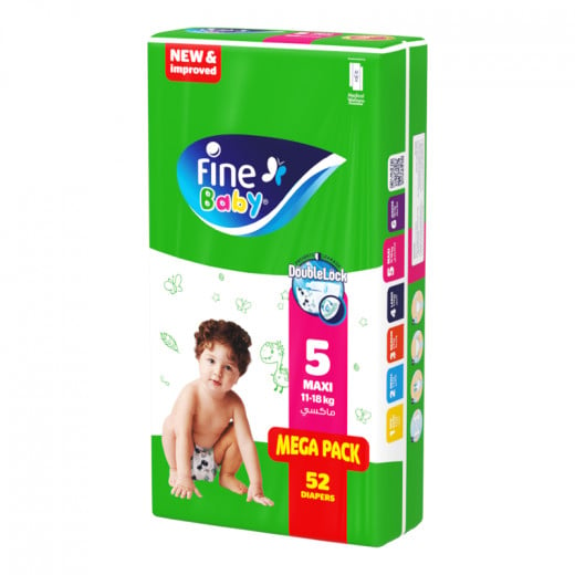Fine Baby Diapers, Size 5, Maxi 11-18Kg, Double Lock, 52 Diapers