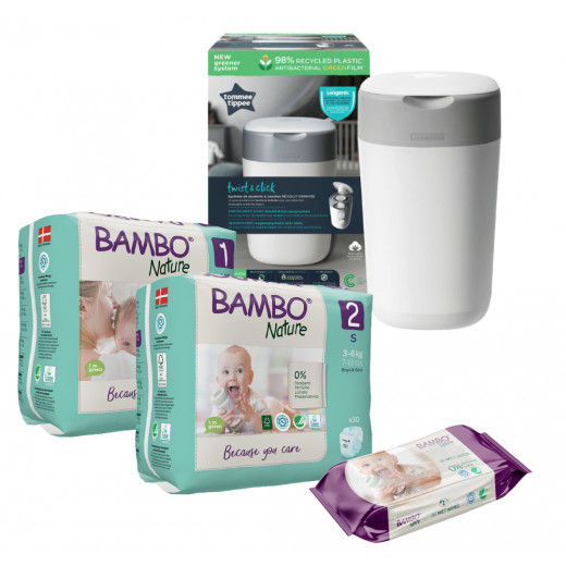 Tommee Tippee Twist & Click Advanced Nappy Disposal System + Bambo Nature Diapers, Size1 + Nature Diapers, Size 2 + Nature Wet Wipes