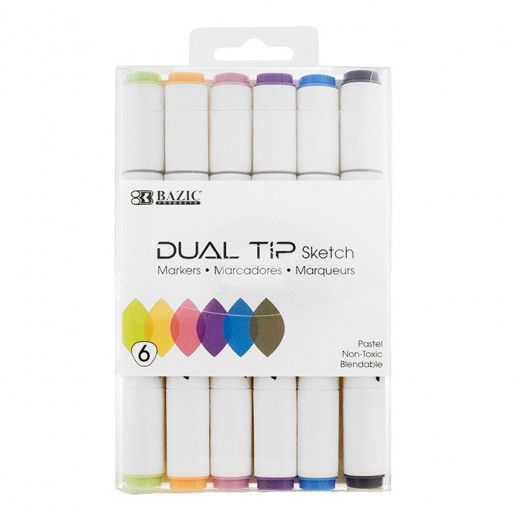 Bazic Dual Tip Sketch Markers 6 Pastel Colors