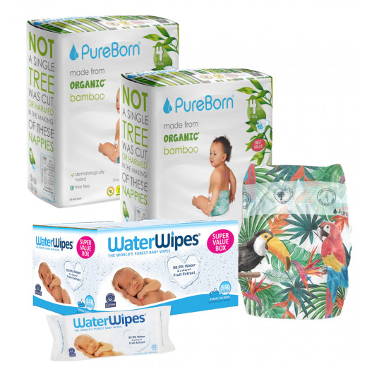 Pure Born Organic Nappies Double Pack, Tropic Design, Size 4, 48 Pieces + Water Wipes Baby Wipes Sensitive Newborn Skin, 540 Wipes