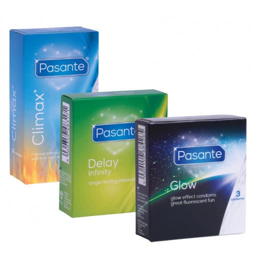 Pasante Climax Condoms 12's + Delay Infinity Condoms 3's + Glow Condoms 3's