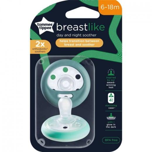 Tommee Tippee Closer To Nature Soother, Breast Like Day & Night 6-18 Months, 2 Pack