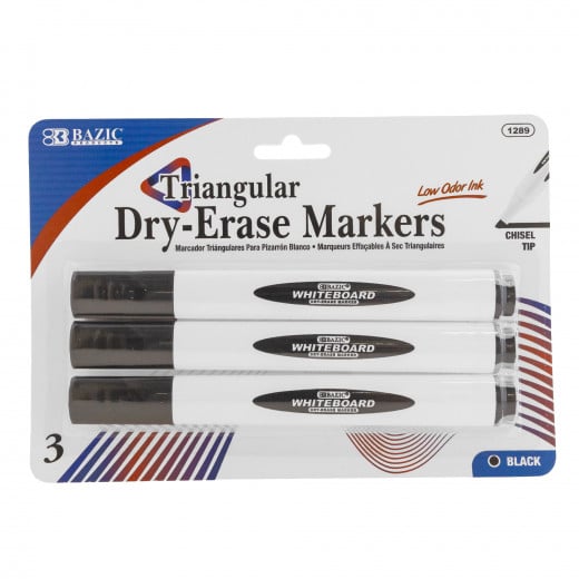 Bazic Chisel Tip Triangle Dry-Erase Markers Black Color, 3 Pieces