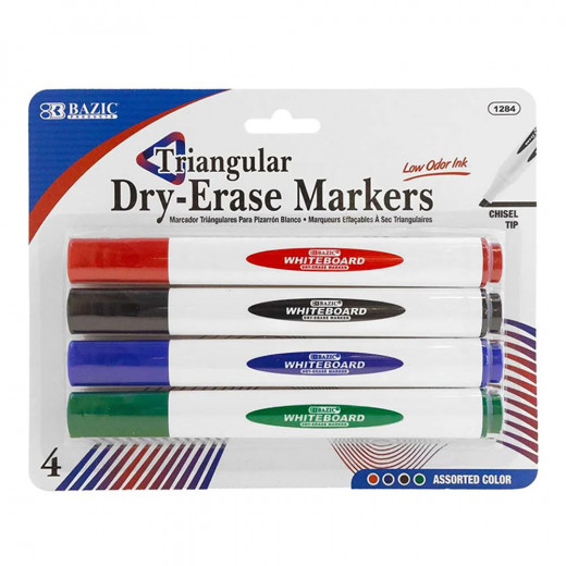 Bazic Chisel Tip Triangle Dry-Erase Markers Bright Colors, 4 Pieces