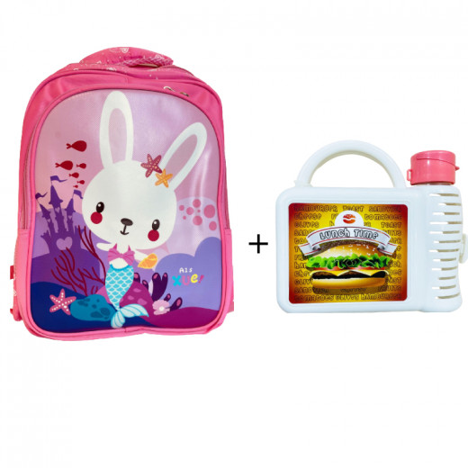 Amigo School Bag, Rabbit Design, 38 Cm + Tuffex Lunch Box With Water Bottle, White Color
