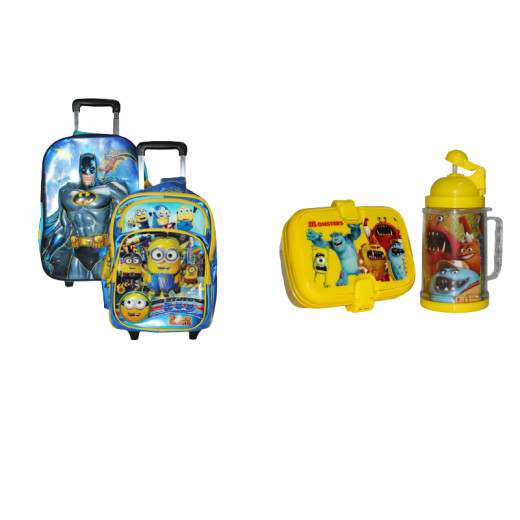 حقيبة مدرسية بعجلات للأطفال وصندوق غداء + زجاجة ماء