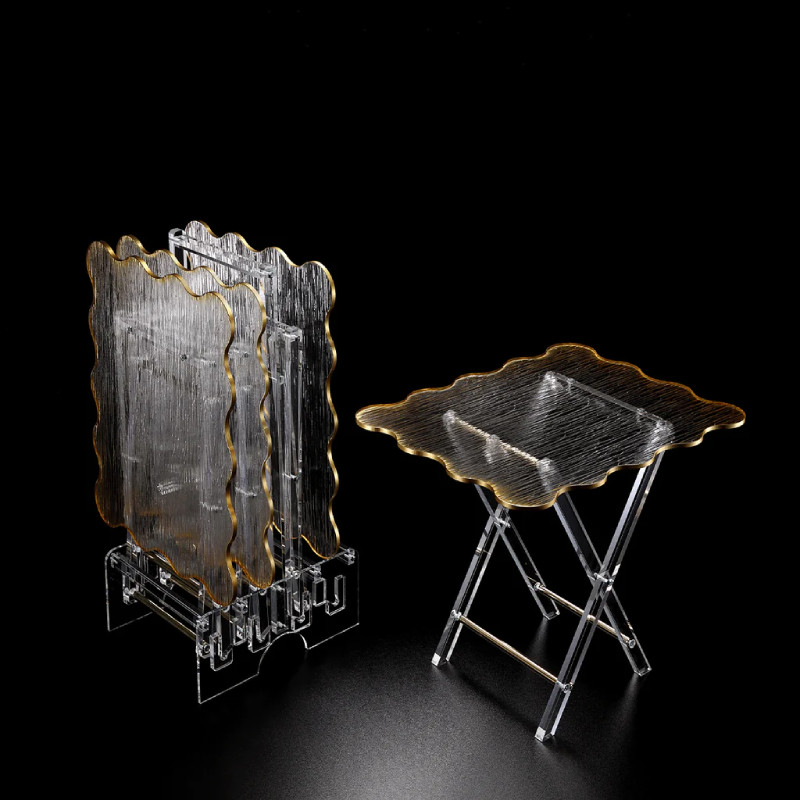 Vague Acrylic 4 Rectangular Coffee Tables with Stand Set Wave Bark