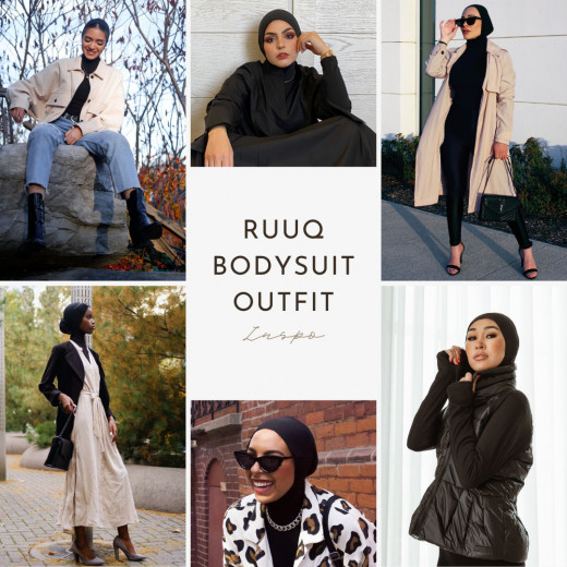 RUUQ Women's Nursing Bodysuit Long Sleeve with Hijab Cap - Black - Large