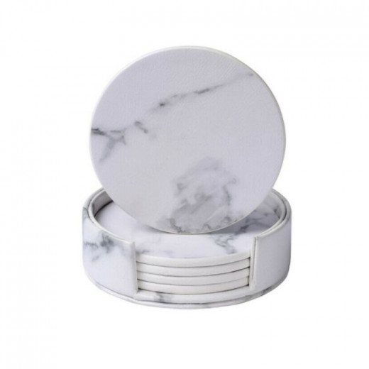 ARMN Zurin PU Leather Coaster Set with Holder - Marble White  6-Piece