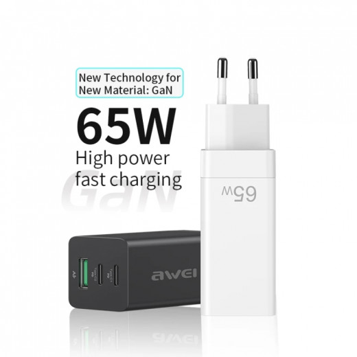 awei PD9 65W Dual Type-C / USB-C + USB GaN Fast  Charging Travel Charger