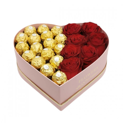 Roses with Chocolate, Heart Shape, Pink Color, Large Size