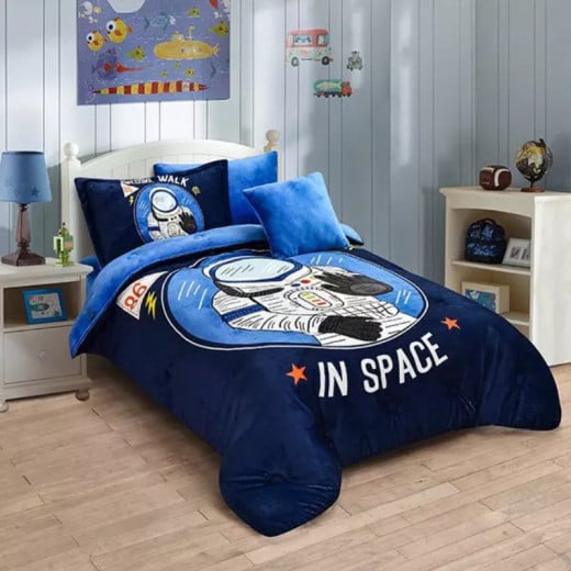 Nova home walk in space printed velvet flannel winter comforter set single/twin navy 5 pcs