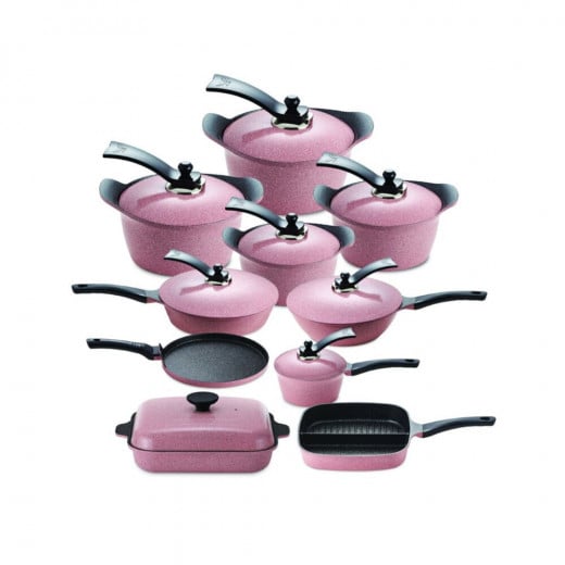 Arshia Granite Cast Aluminium Cookware Set 18pcs Pink , Dishwasher safe , Dishwasher safe